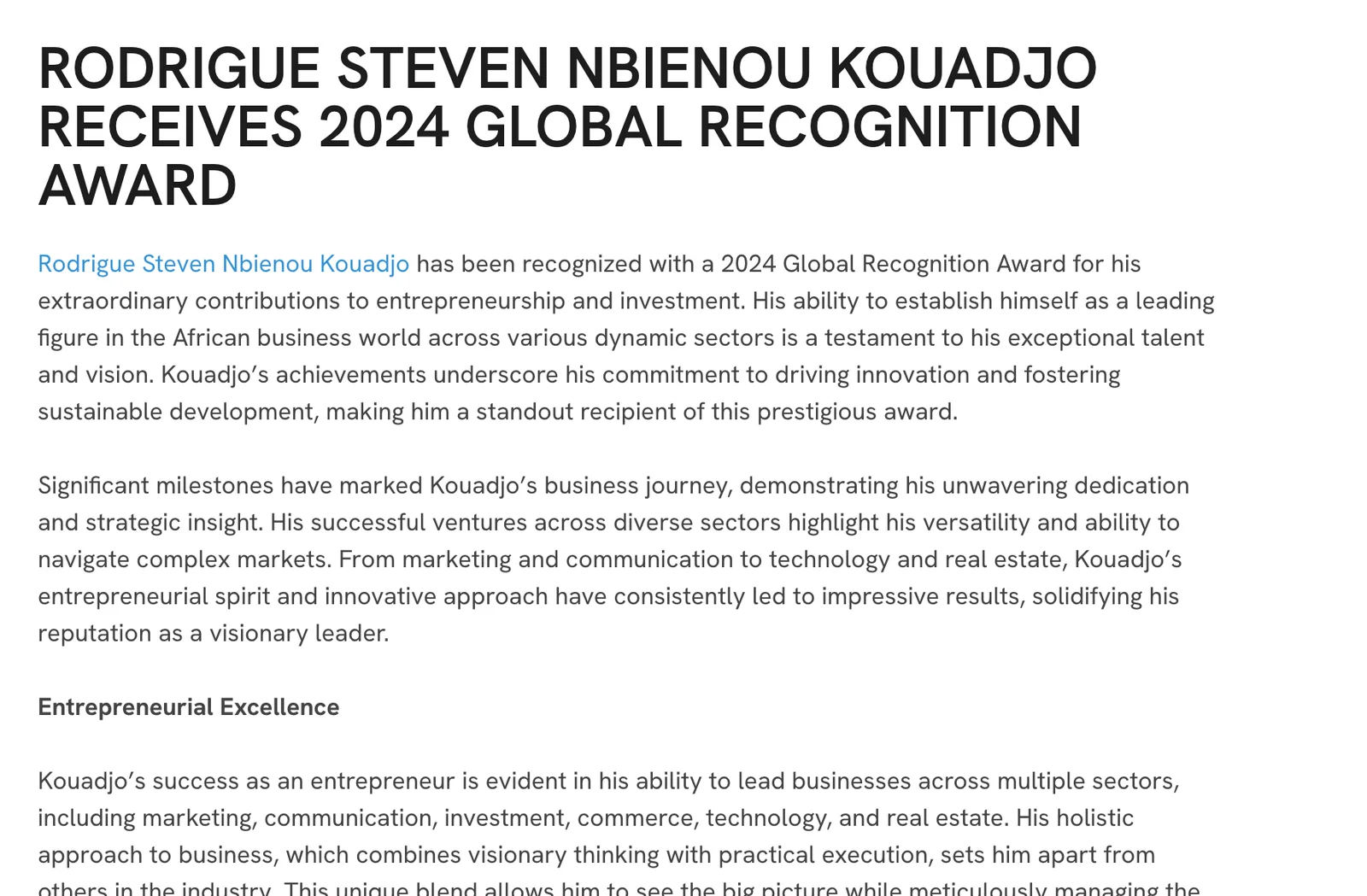 Rodrigue Steven Nbienou Kouadjo CELEBRATES 2024 GLOBAL RECOGNITION AWARD™